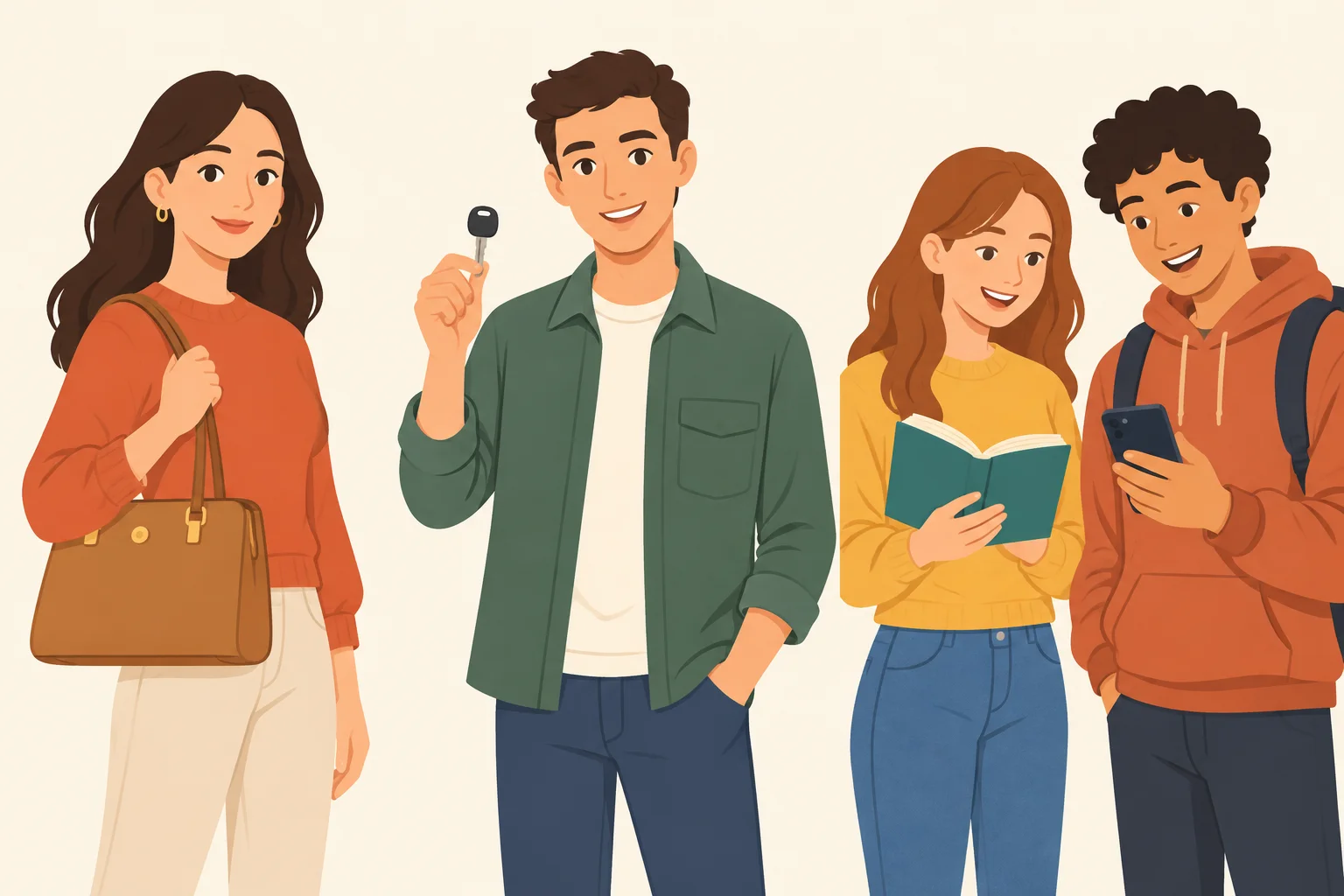 Três pessoas seguram objetos cotidianos que possuem: uma bolsa, uma chave, um livro e um celular.