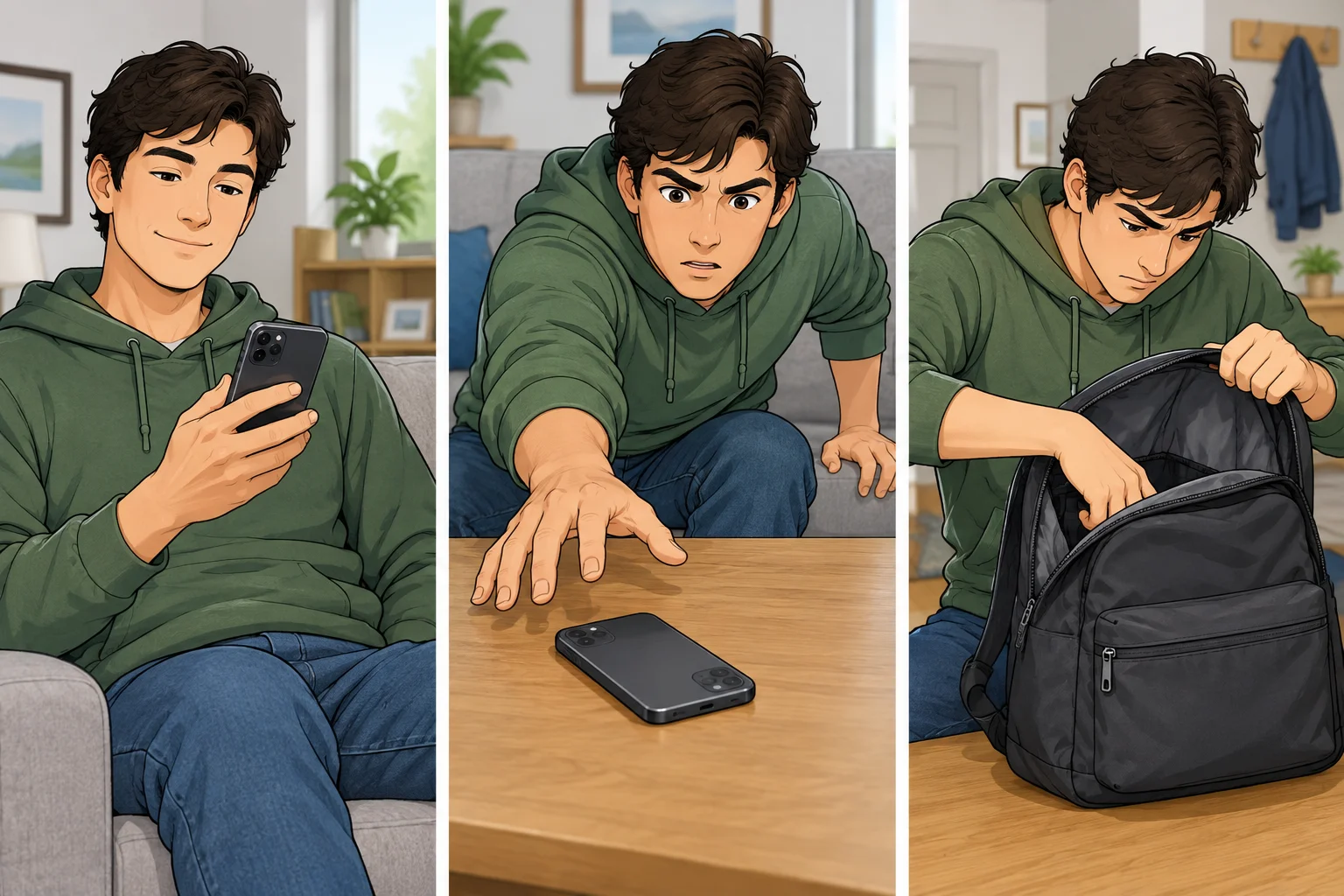 Três situações com o mesmo celular: uma pessoa o tem na mão, precisa dele sobre a mesa e o procura na mochila.