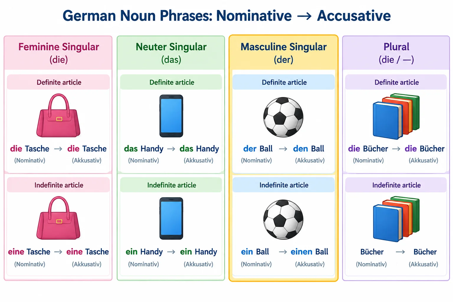 Comparação entre artigos no nominativo e no acusativo: feminino, neutro e plural permanecem iguais; apenas o masculino singular muda.