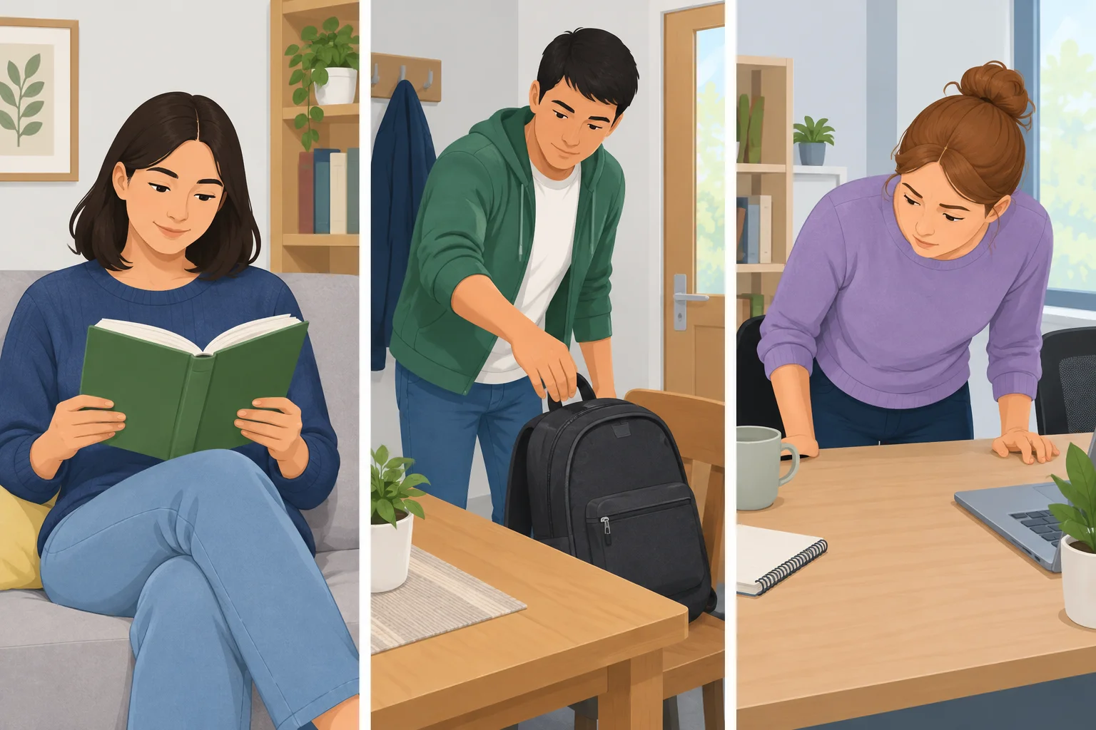 Três situações: uma pessoa com um livro, uma pessoa precisando de uma bolsa e uma pessoa procurando um celular.