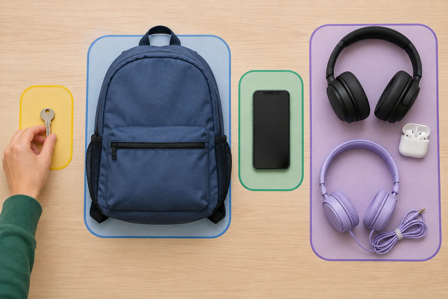 Chaves, uma mochila, um celular e fones de ouvido organizados sobre uma mesa.
