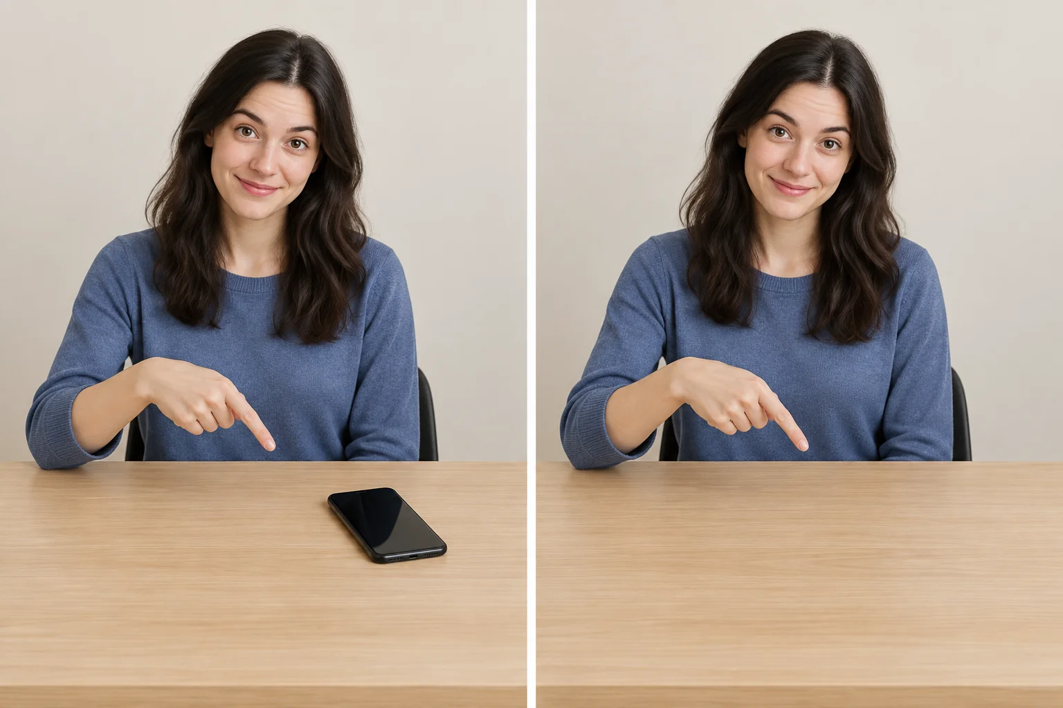 Comparação entre uma mesa com um celular e a mesma mesa sem celular.