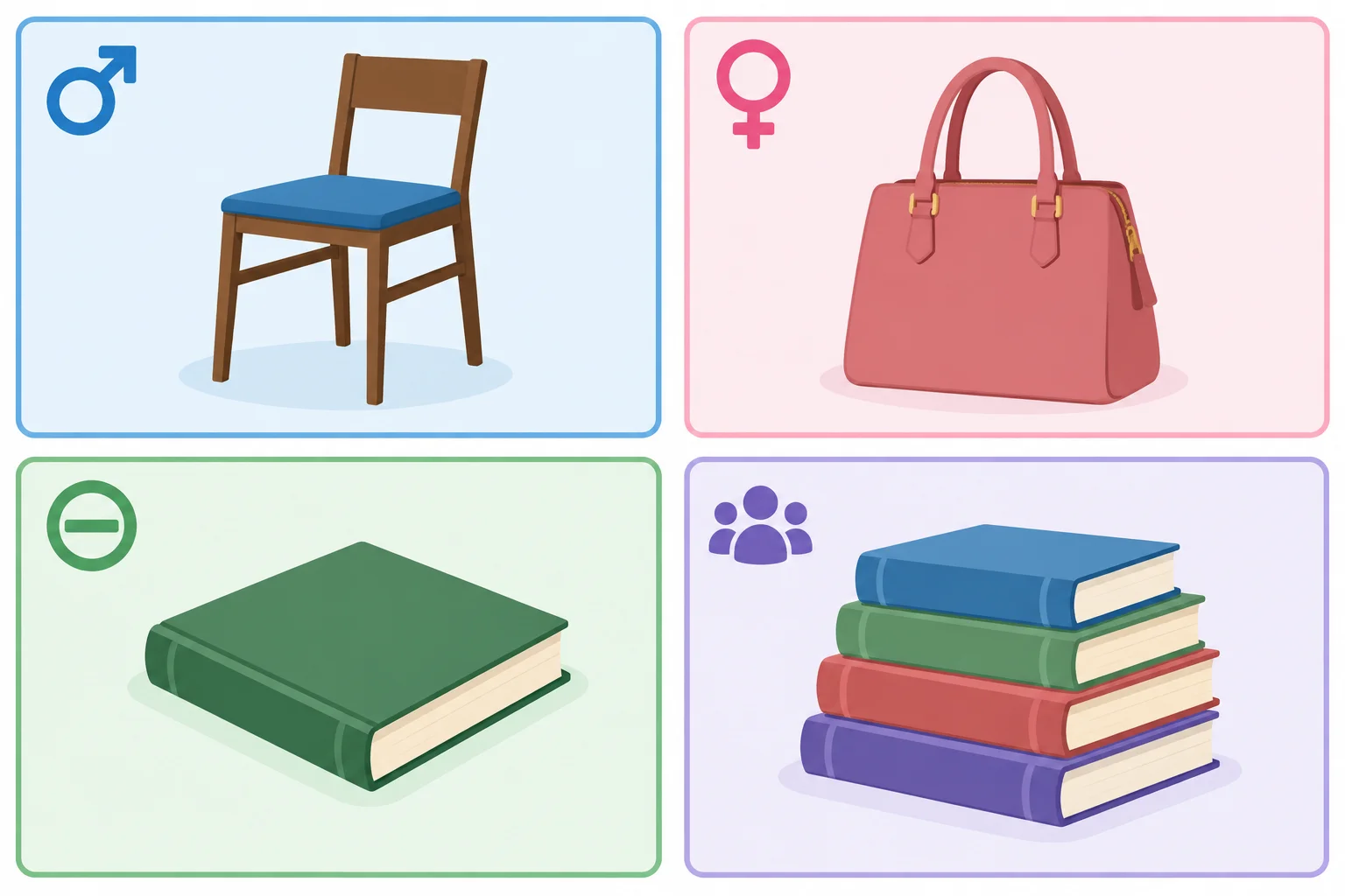 Quatro painéis mostram, nesta ordem, uma cadeira, uma bolsa, um livro e vários livros.