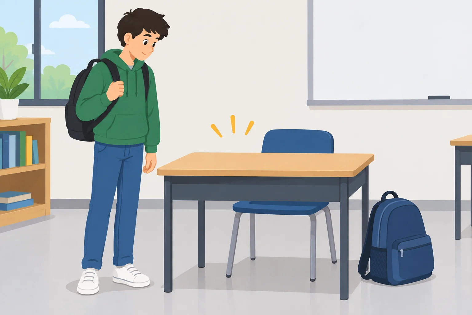 Uma estudante ao lado de uma mesa vazia, sem laptop.