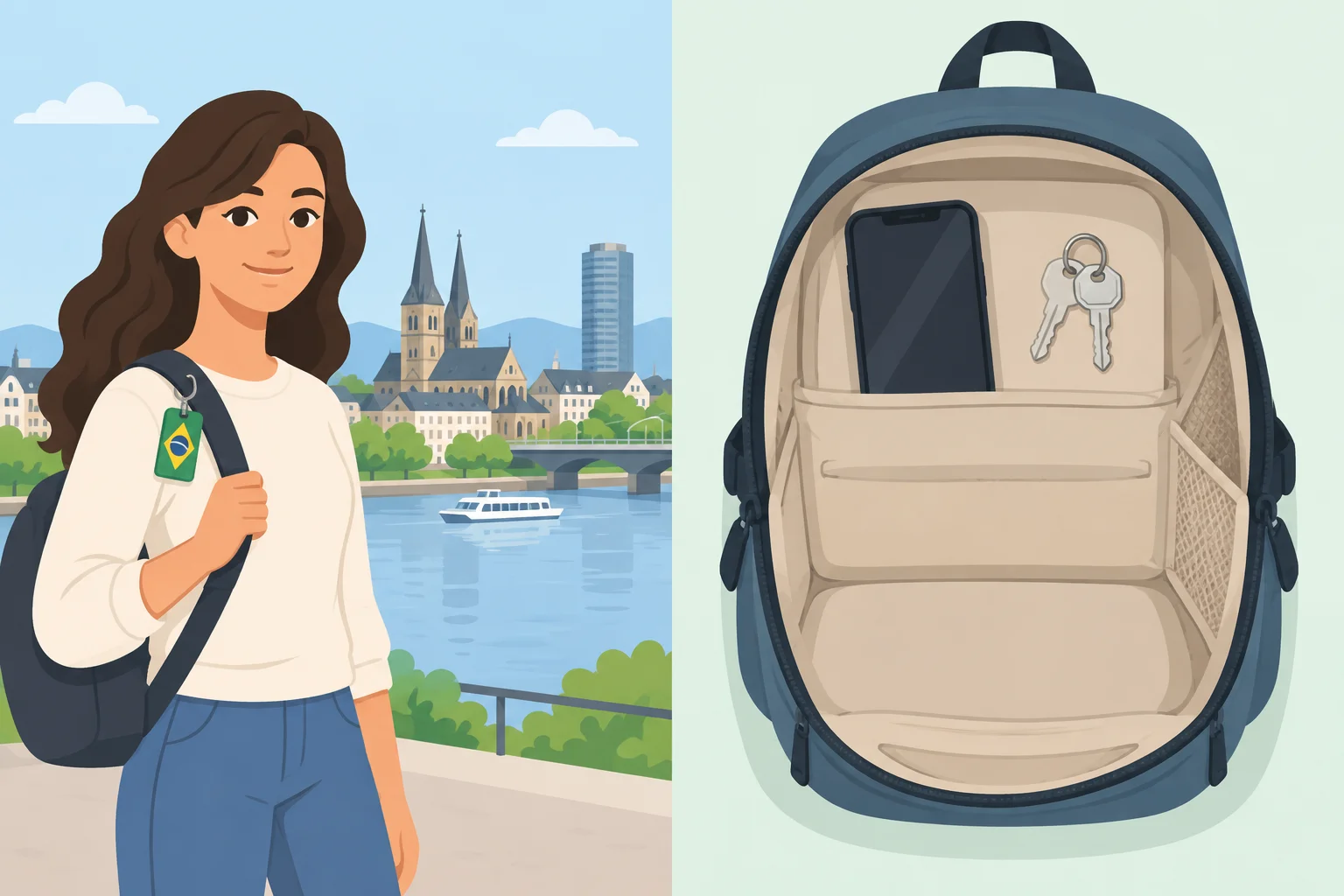 Perfil visual de Lea e o conteúdo da mochila: celular e duas chaves estão presentes; caneta e bolsas estão ausentes.
