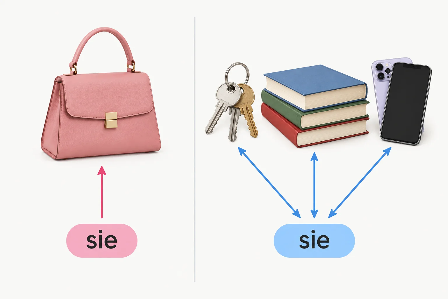 Comparação entre uma bolsa única e um conjunto de objetos, ambos retomados por sie.