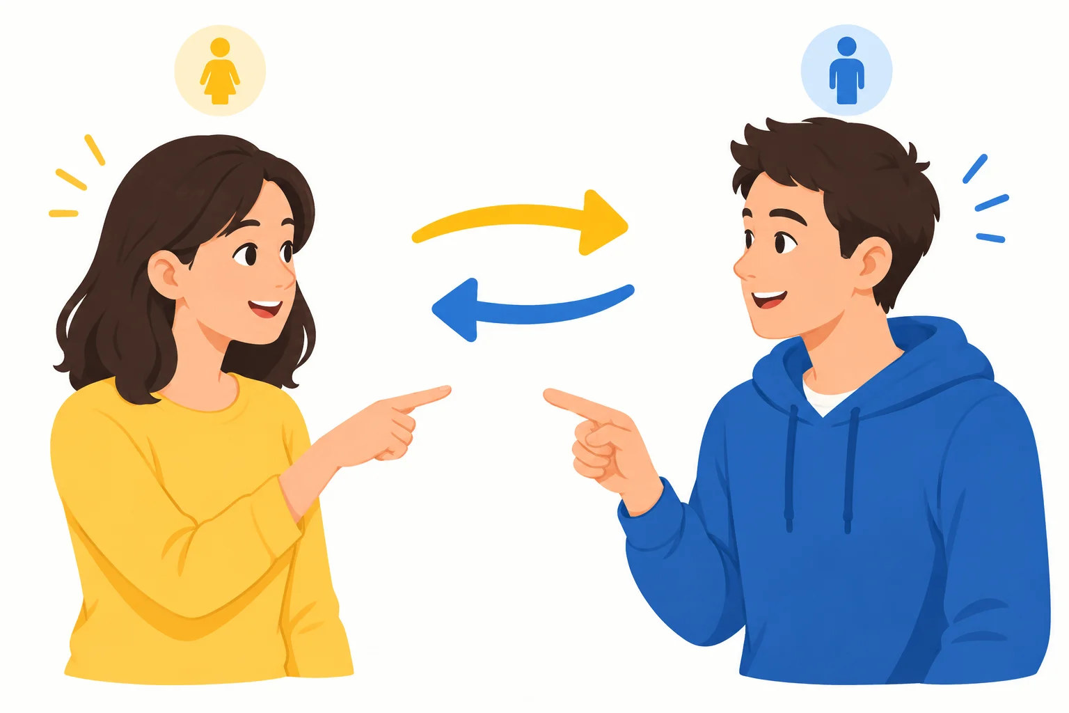 Dois interlocutores apontam um para o outro, com setas em sentidos opostos para mostrar a mudança de perspectiva.