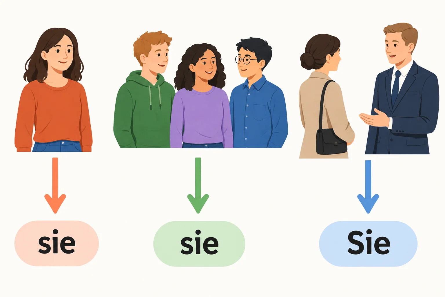 Esquema com três referentes: uma mulher para sie, um grupo para sie e um interlocutor formal para Sie.