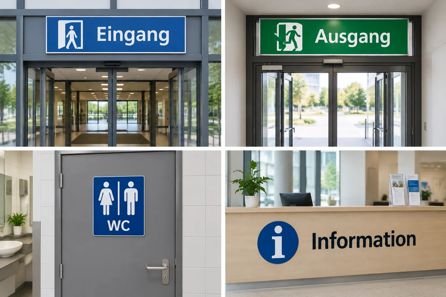 Conjunto de quatro placas: Eingang em uma entrada, Ausgang em uma saída, WC em um banheiro e Information em um balcão de atendimento.