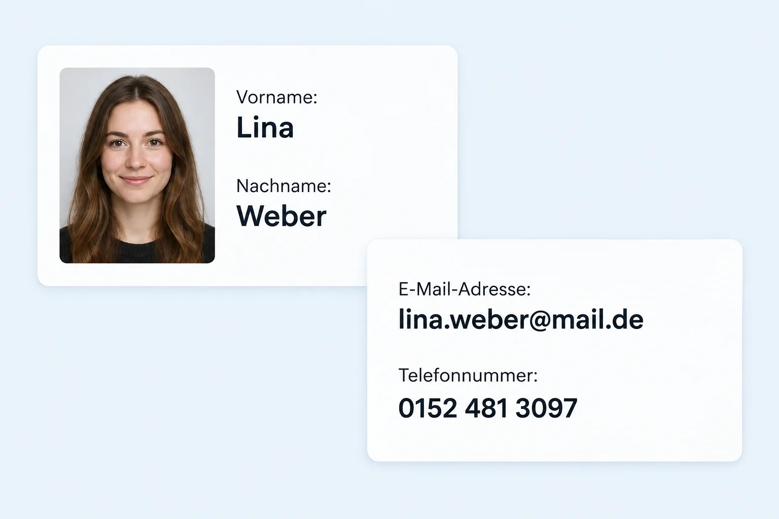 Identificação fictícia com os campos Nachname Weber, E-Mail-Adresse lina.weber@mail.de, Vorname Lina e Telefonnummer 0152 481 3097.