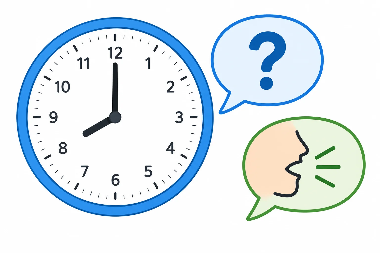 Relógio marcando oito horas e balões de conversa, representando perguntar e informar a hora.