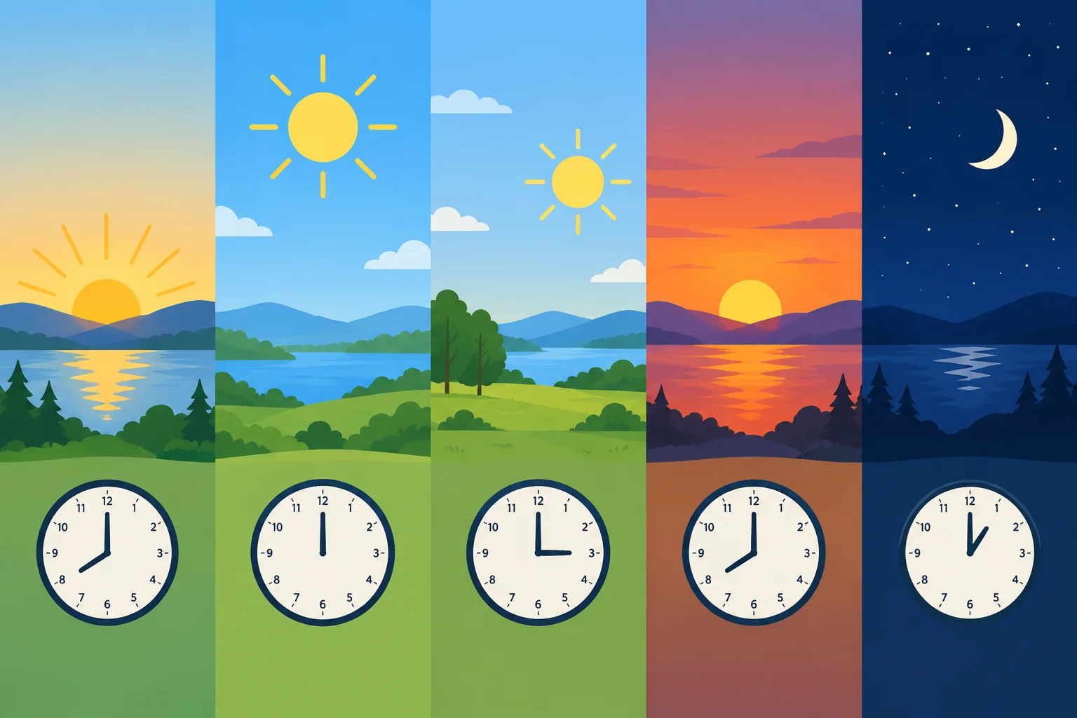 Linha visual de um dia com relógios indicando manhã, meio-dia, tarde, noite e madrugada.