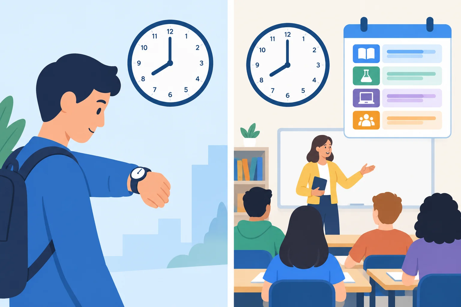 Comparação entre olhar a hora atual em um relógio e consultar o horário de um curso.