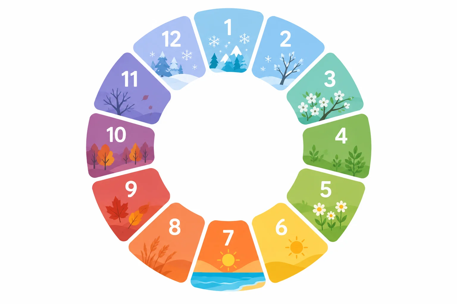 Diagrama de um ano com doze posições numeradas de 1 a 12 em sequência circular.