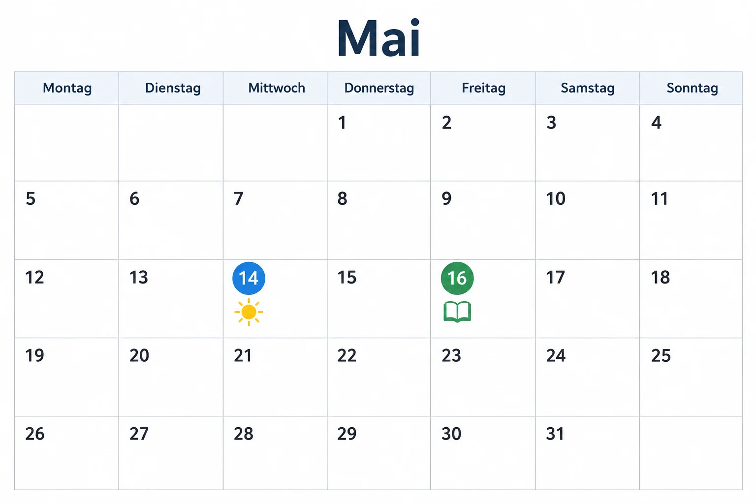 Calendário de maio organizado de segunda a domingo. O dia 14, uma quarta-feira, está marcado como hoje; o dia 16, uma sexta-feira, está marcado com um curso.