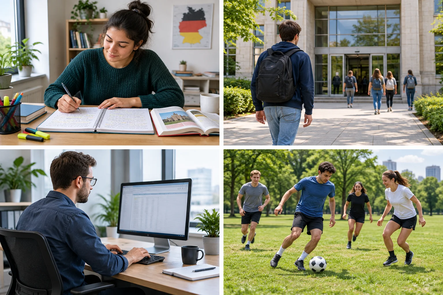 Quatro cenas: estudar alemão, frequentar a universidade, trabalhar e jogar futebol.