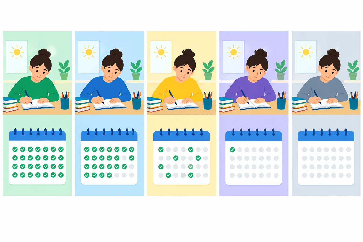 Escala visual com uma atividade acontecendo em todos os dias, em muitos dias, em alguns dias, em poucos dias e em nenhum dia.