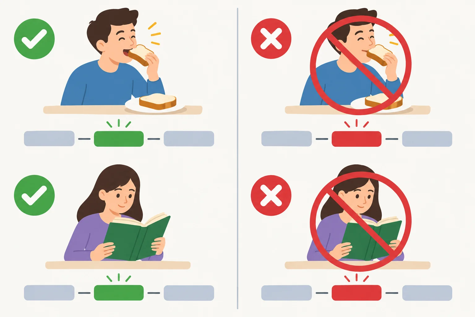 Comparação visual entre ações afirmativas e ações negadas: comer pão e ler um livro.