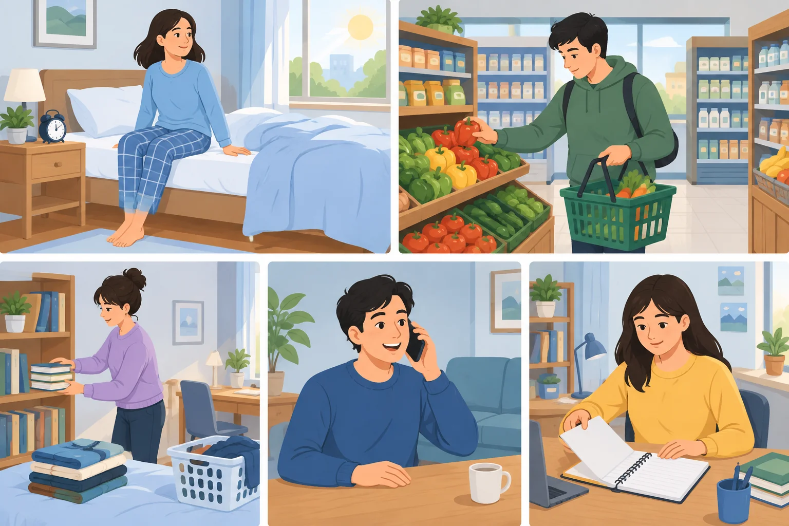 Cinco cenas: levantar da cama, fazer compras, arrumar um quarto, telefonar e começar a estudar.