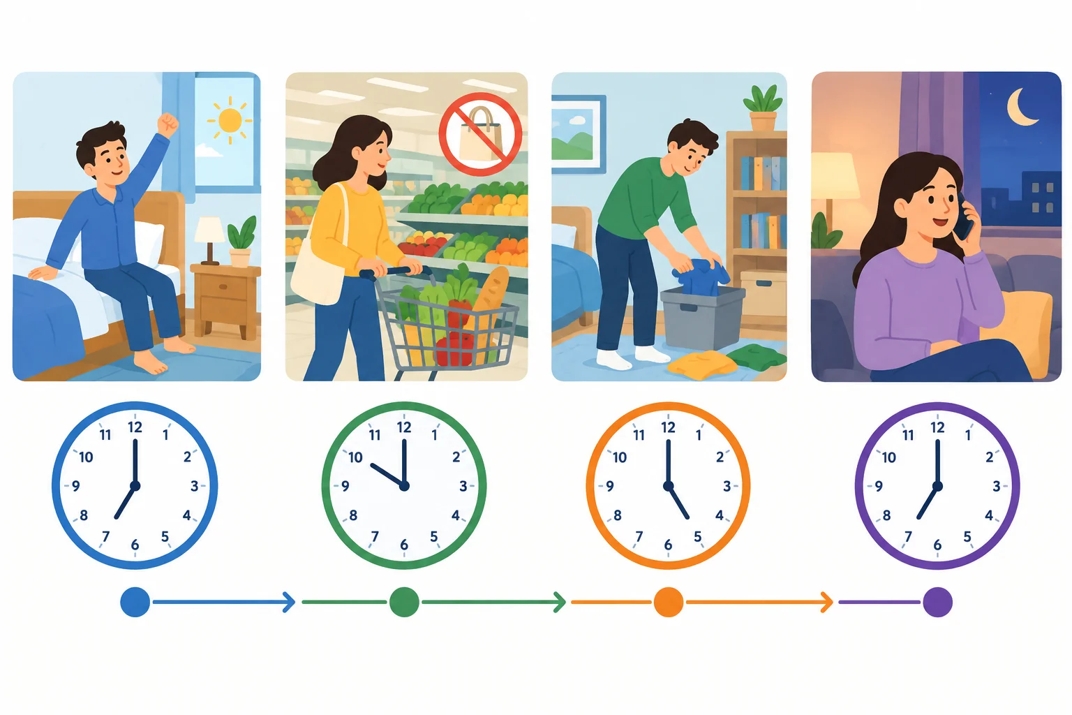Linha do tempo visual com uma pessoa se levantando, fazendo compras, arrumando um quarto e telefonando em horários diferentes.