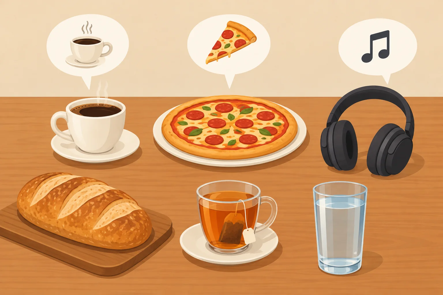 Objetos para expressar gostos: pão, pizza, café, chá, água e música.
