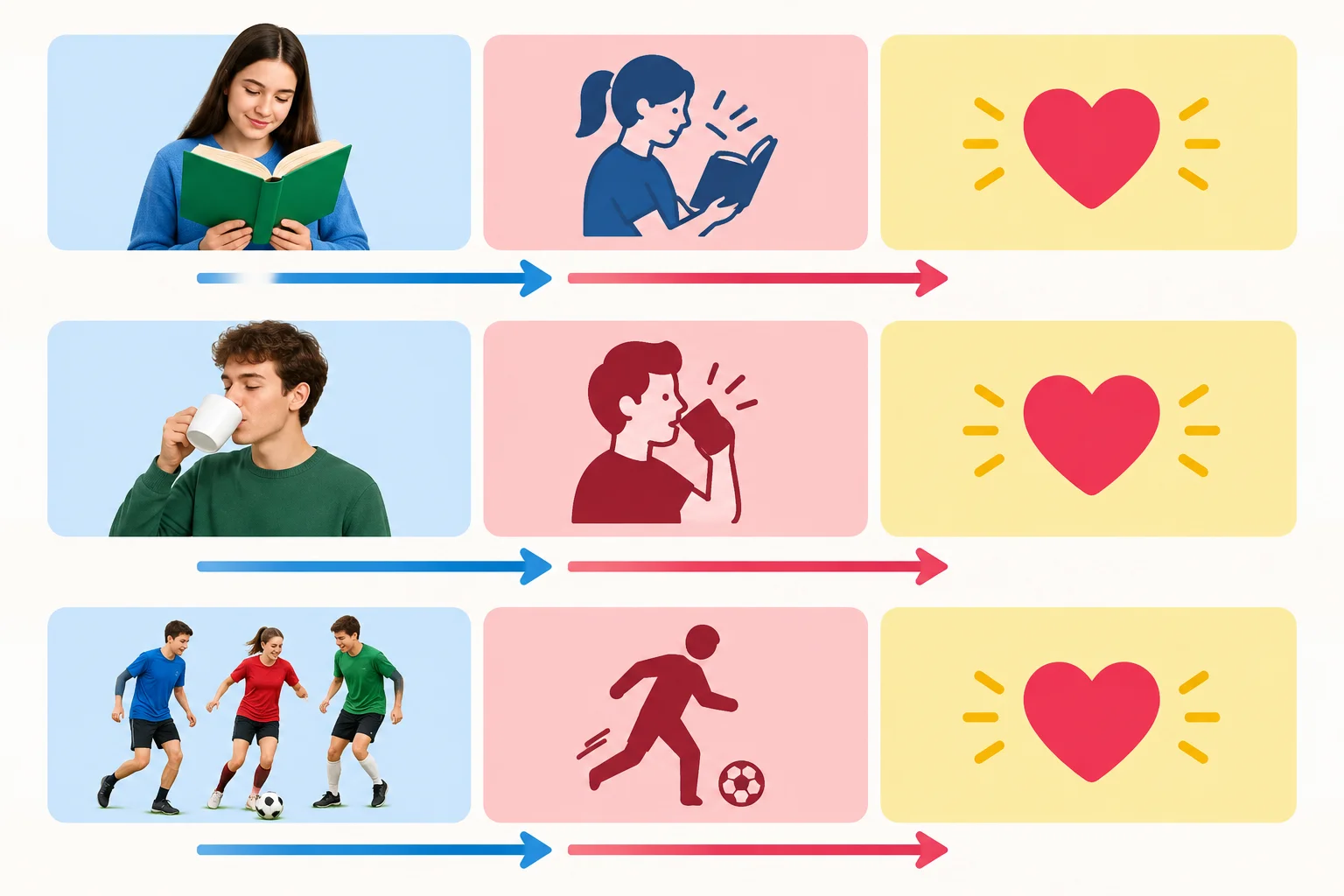 Diagrama em blocos que mostra sujeito, verbo de atividade conjugado e gern em frases sobre ler, beber e jogar futebol.