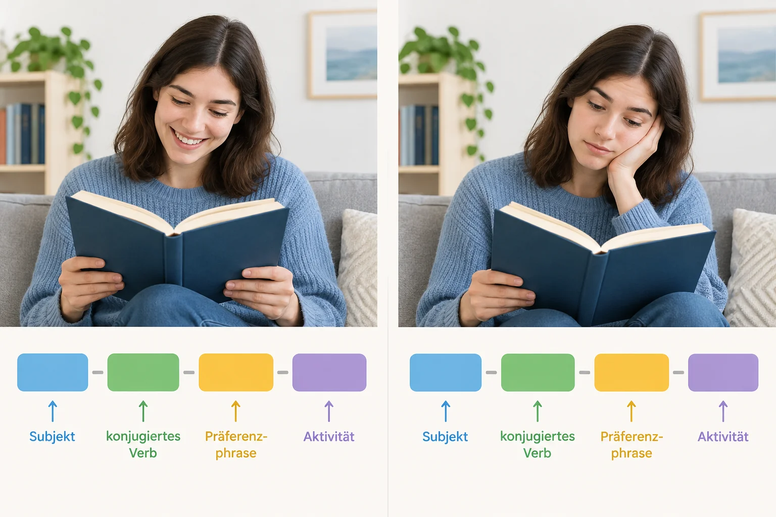 Comparação entre uma pessoa que gosta de ler e outra que não gosta de ler, com blocos mostrando a posição da expressão de preferência na frase.