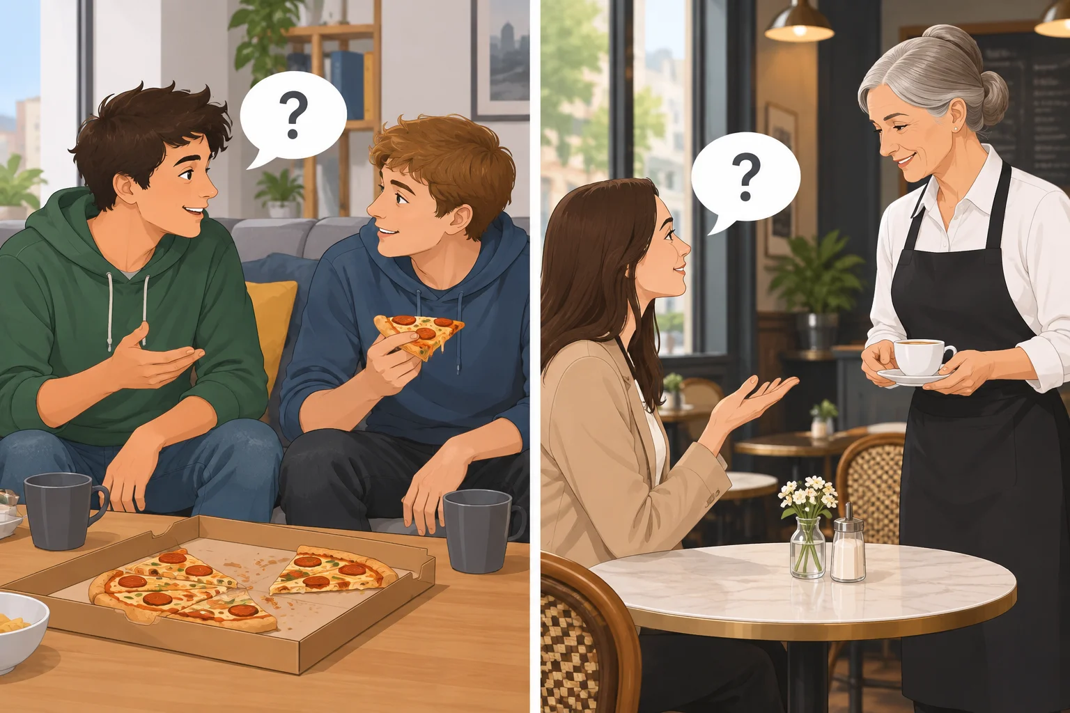 Comparação visual entre uma conversa informal entre amigos e uma conversa formal em um café.