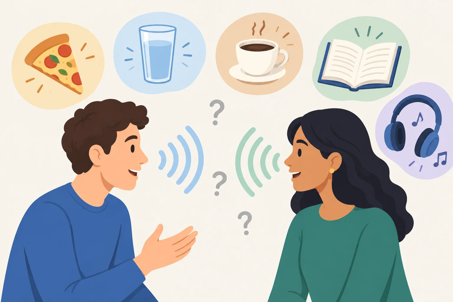 Duas pessoas conversam, cercadas por ícones de pizza, água, café, livro e música.