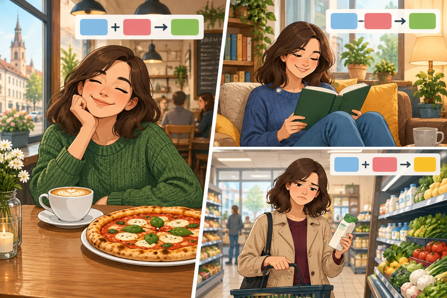Comparação visual entre gostar de café e pizza, gostar de ler e não gostar de fazer compras.