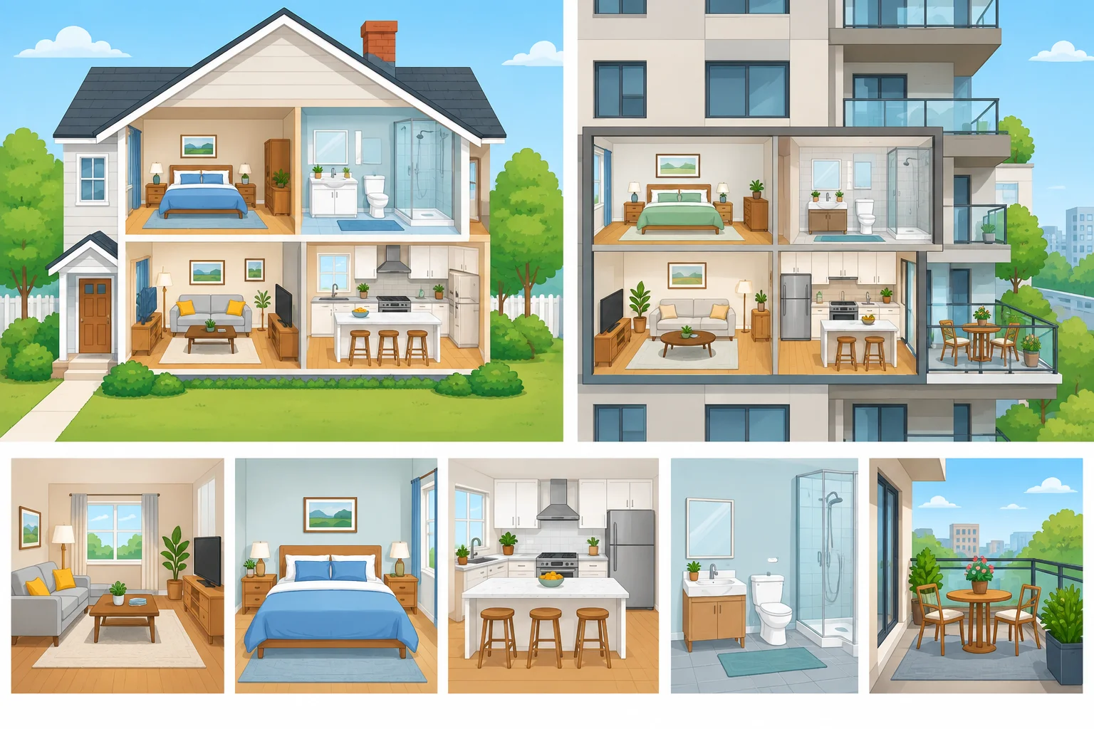 Ilustração comparando uma casa e um apartamento, com sala de estar, quarto, cozinha, banheiro e varanda visíveis.