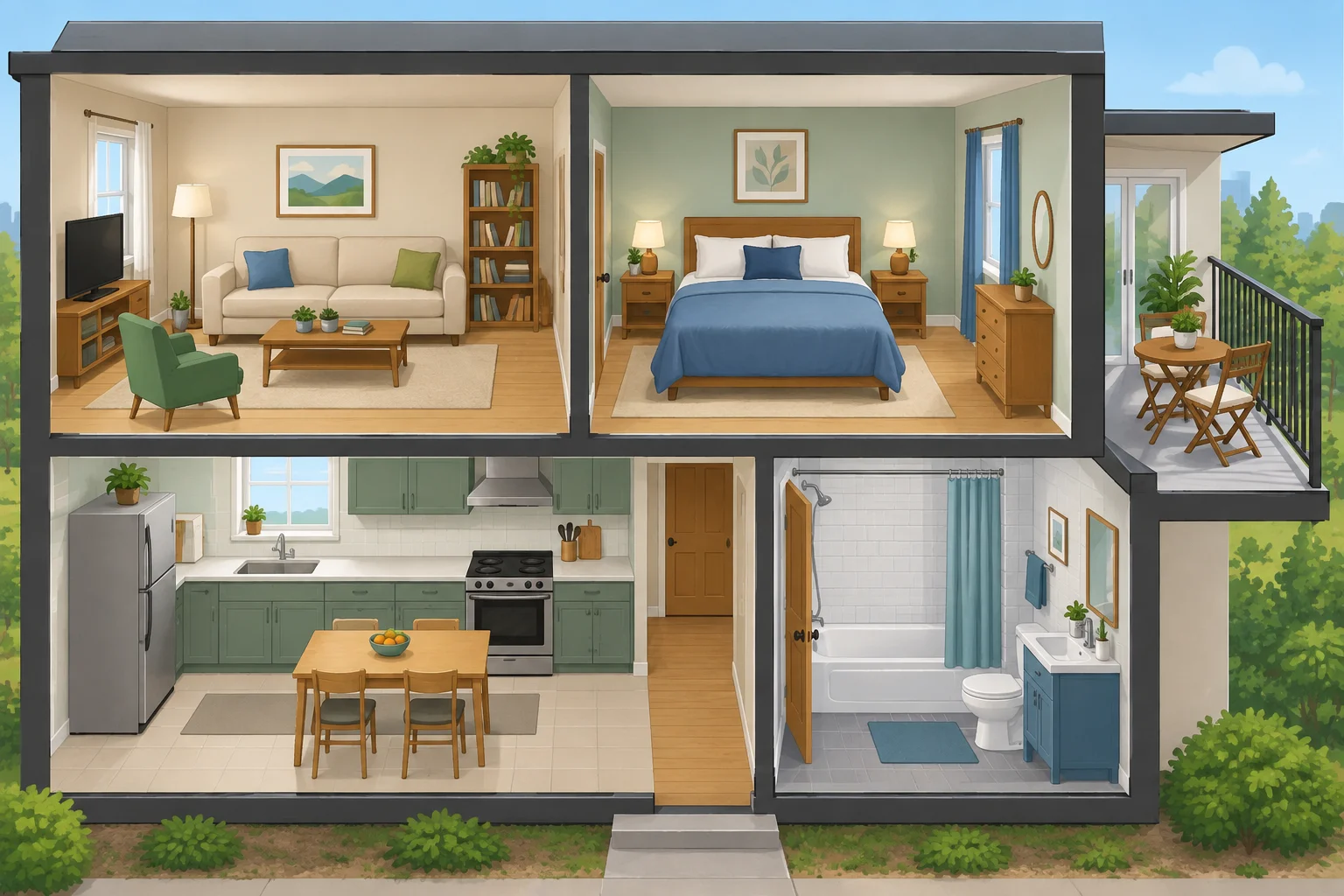 Apartamento em corte com sala de estar, quarto, cozinha, banheiro e varanda visíveis.