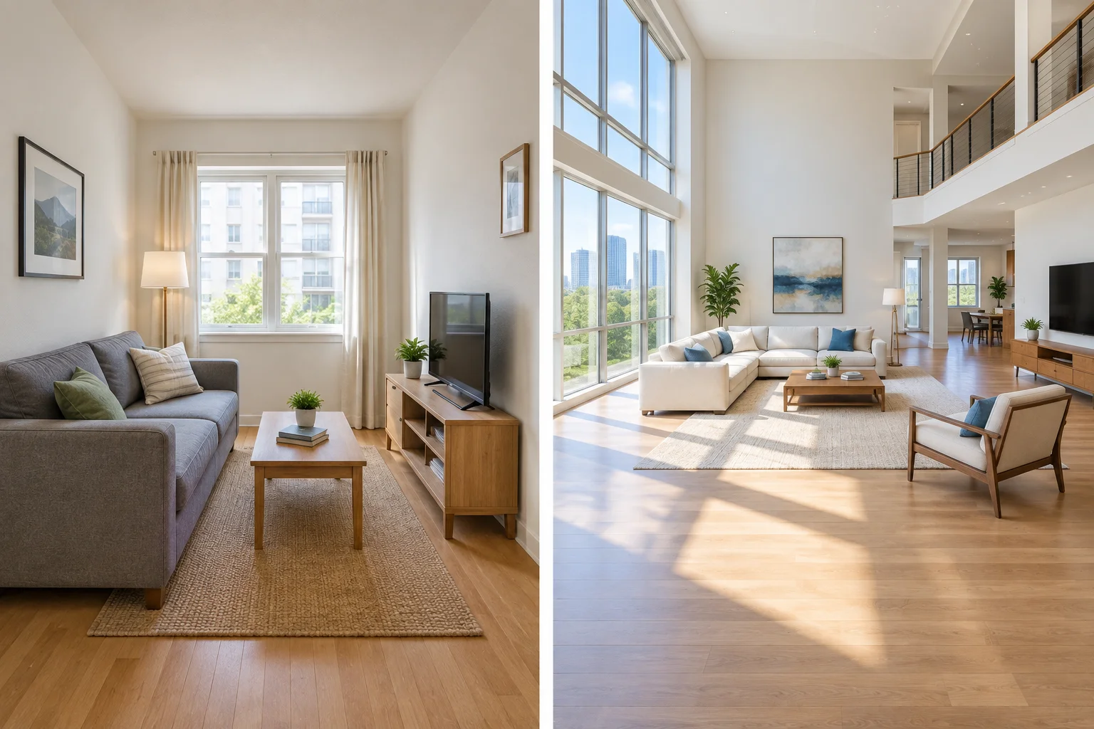Comparação entre uma sala pequena e uma sala grande.