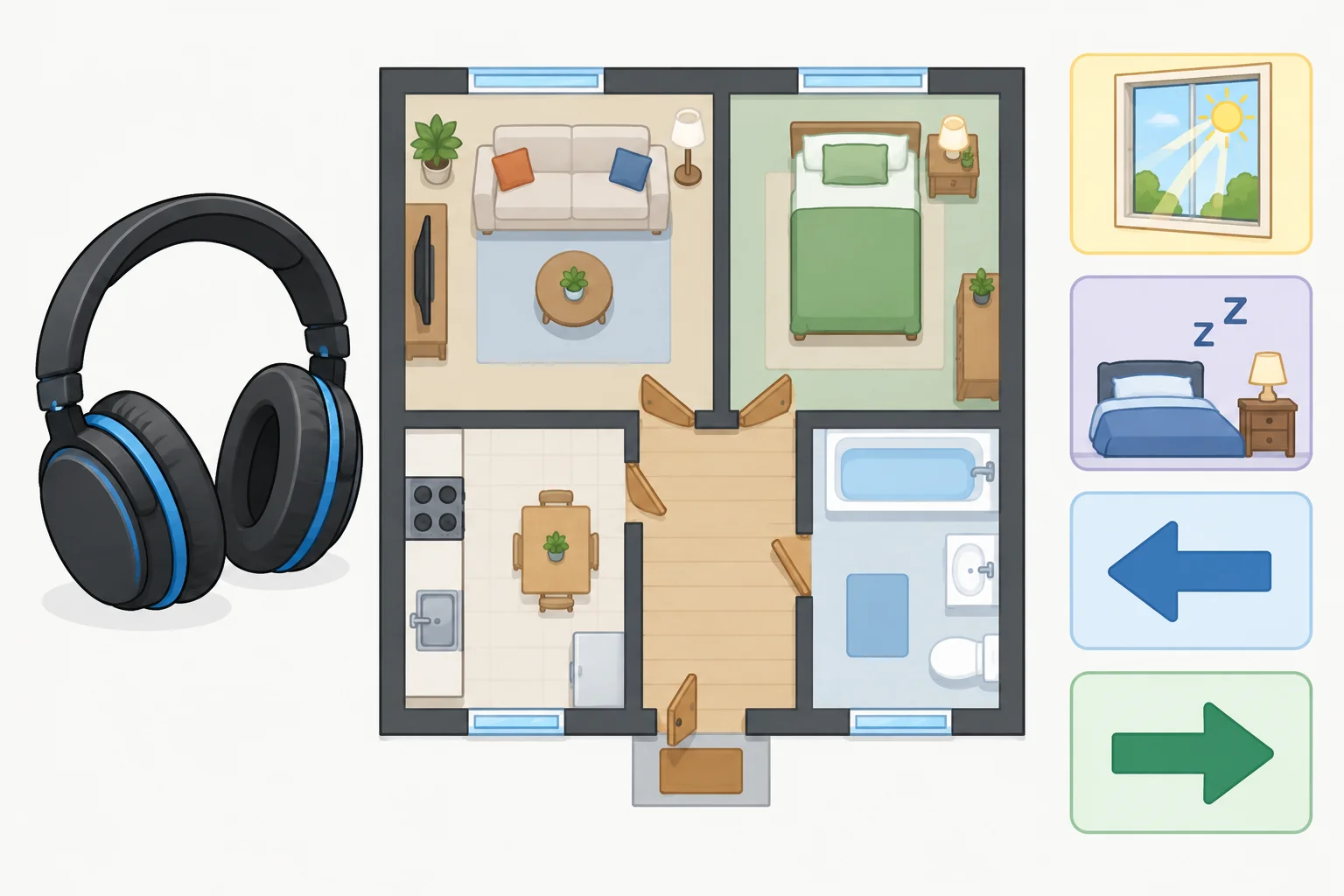 Fones de ouvido ao lado de uma planta simples de apartamento com quatro cômodos e pistas visuais de esquerda, direita, claridade e tranquilidade.