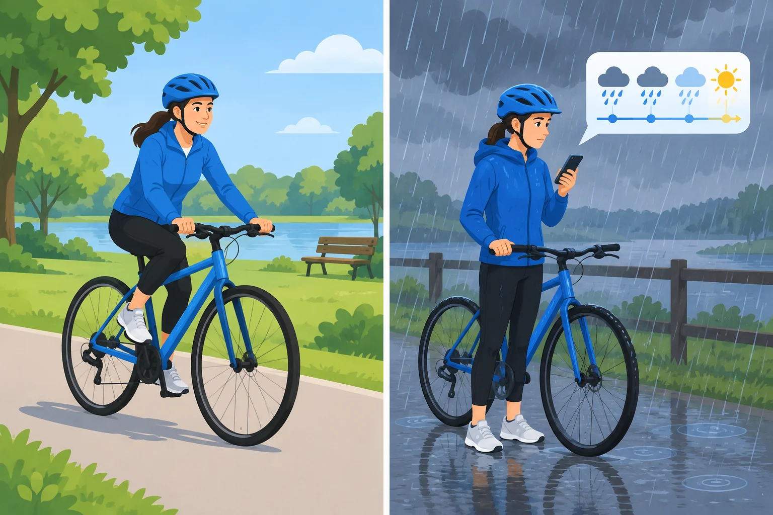 Comparação entre uma pessoa que sabe andar de bicicleta e uma situação em que o clima determina se ela pode pedalar.