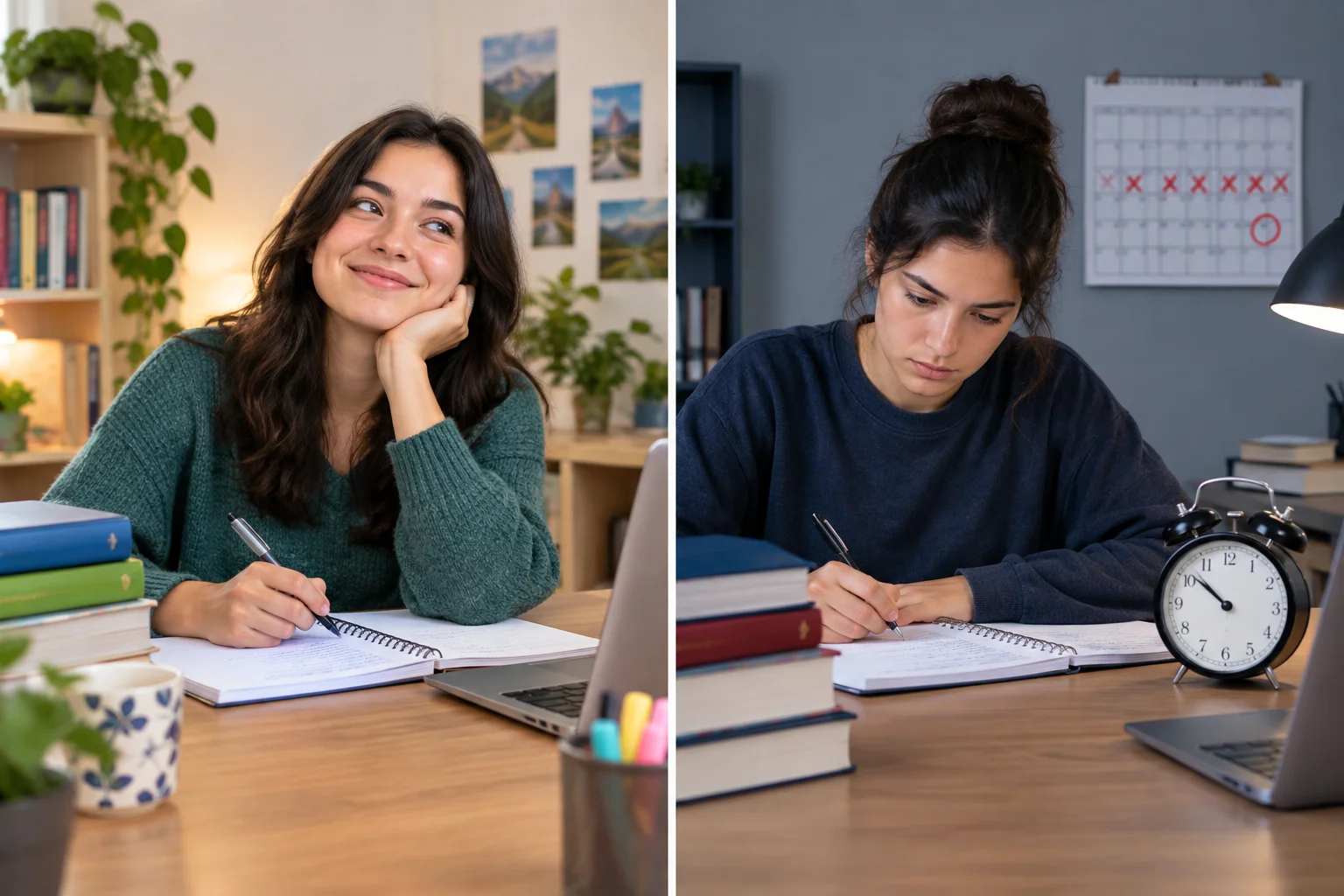 Comparação entre uma pessoa escolhendo estudar e a mesma pessoa estudando porque tem um prazo.