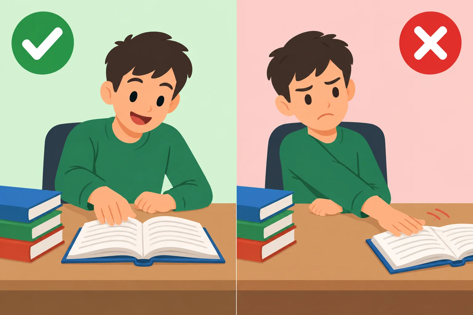 Comparação entre a mesma estudante querendo estudar e não querendo estudar.