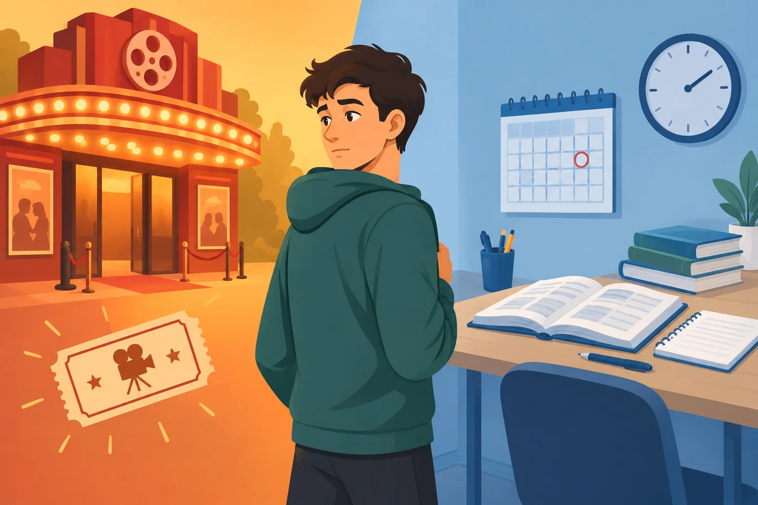 Uma pessoa entre a vontade de ir ao cinema e a necessidade de estudar.