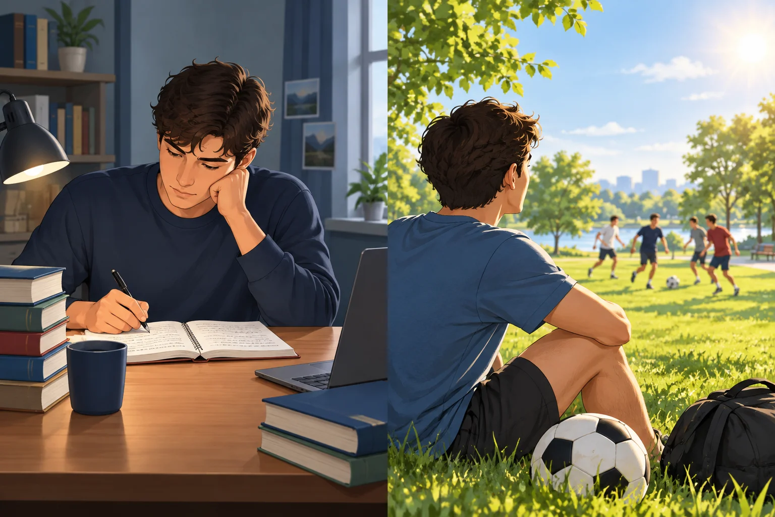 Uma pessoa diante de livros e caderno, olhando para um parque onde amigos jogam futebol.