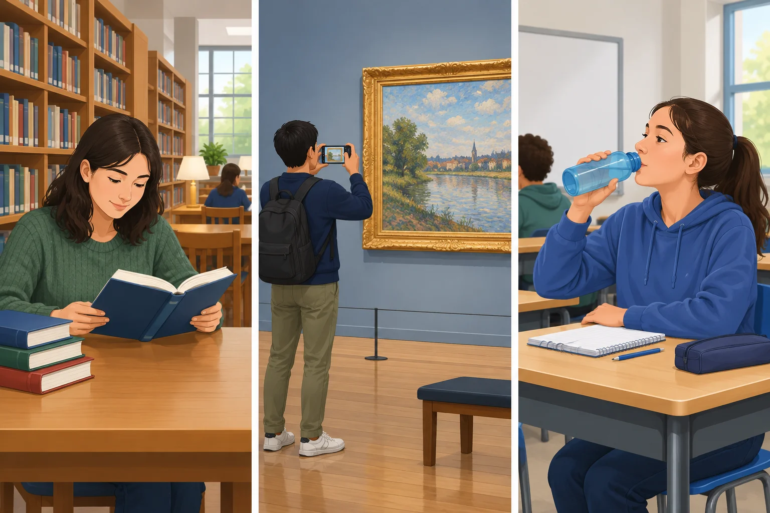 Três cenas: uma pessoa lendo na biblioteca, uma visitante fotografando no museu e uma estudante bebendo água na sala de aula.