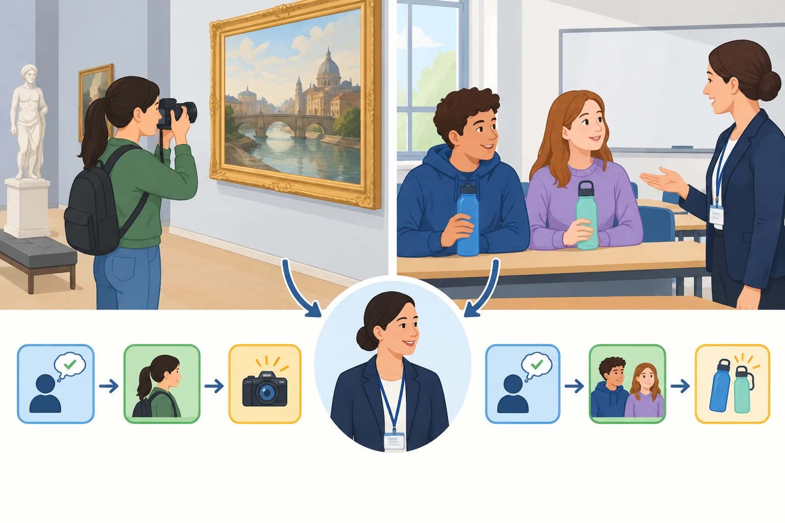 Esquema visual de uma pessoa e de um grupo fazendo um pedido de permissão, com a ordem: modal, sujeito e ação.