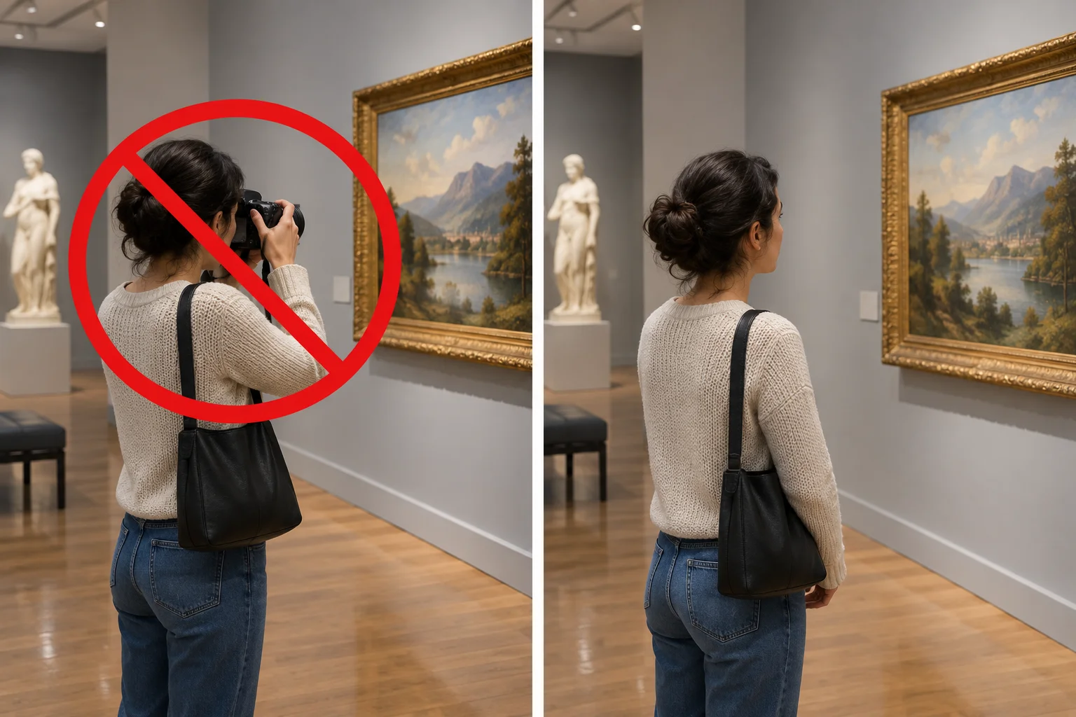 Em um museu, fotografar está marcado como proibido, enquanto observar a obra sem câmera é o comportamento compatível.