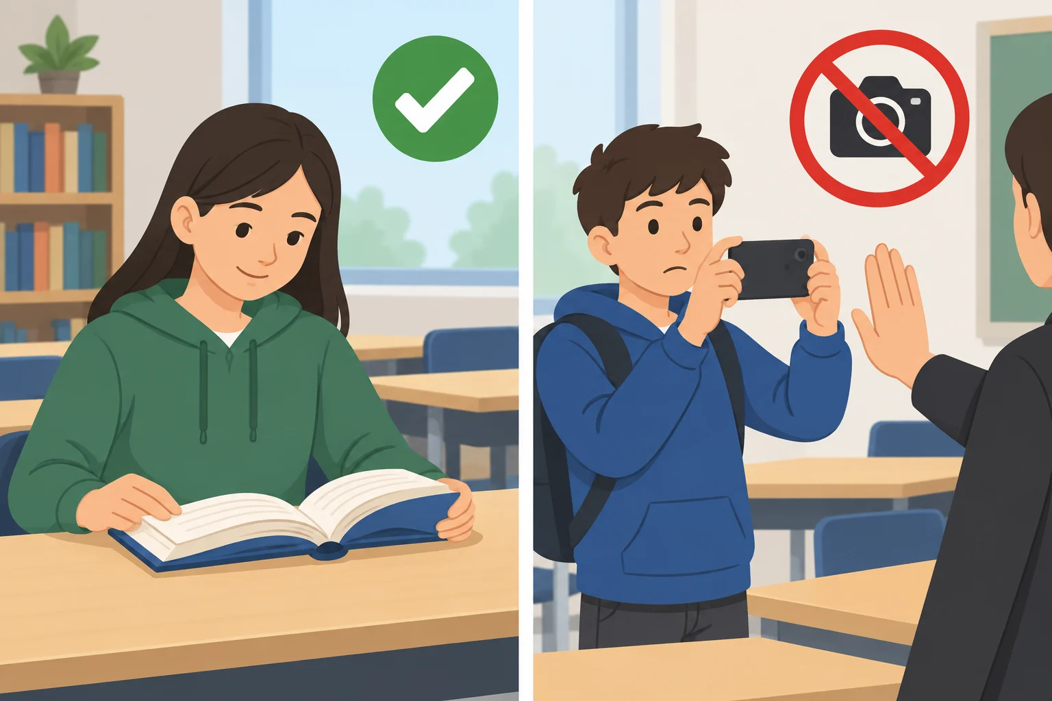 Comparação visual entre uma leitura opcional e uma fotografia proibida.