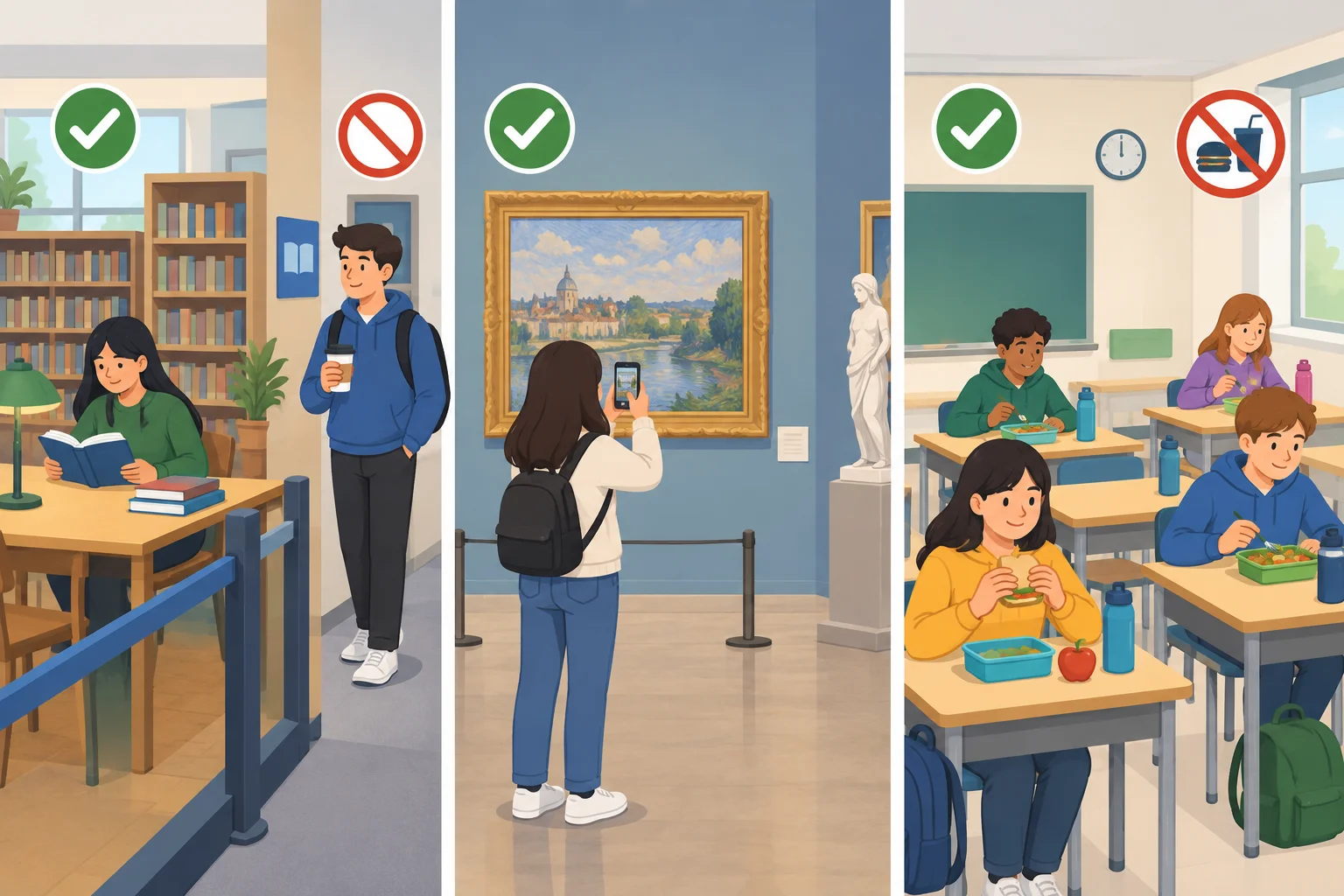 Três cenários: biblioteca, museu e sala de aula, com ações que podem ser permitidas ou proibidas conforme a regra.