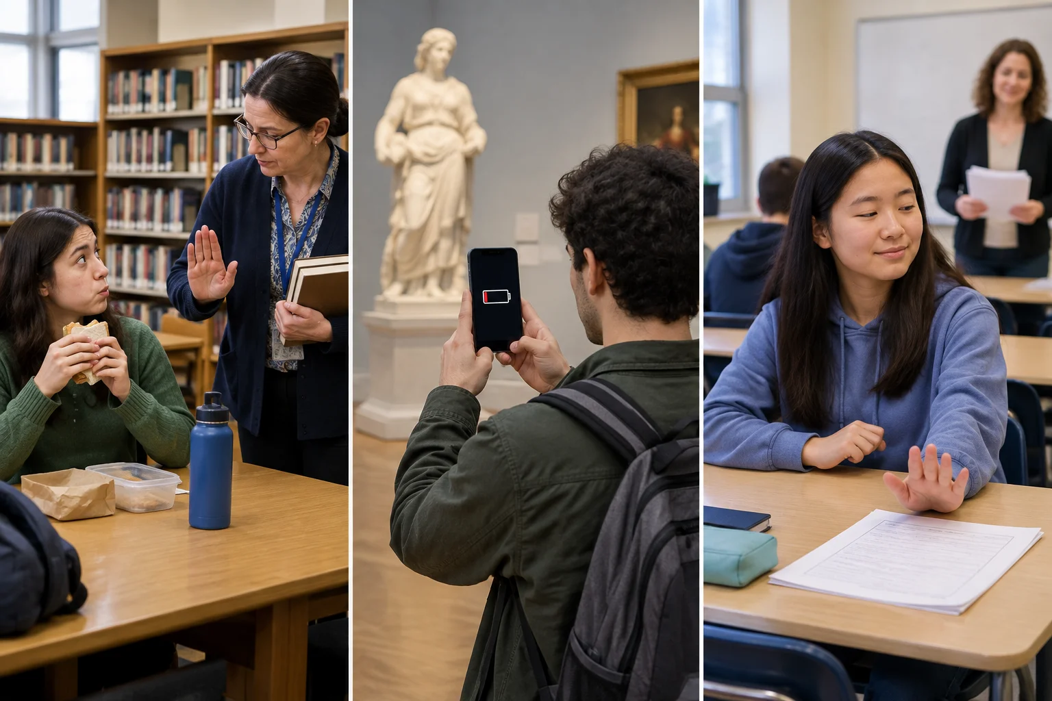 Três cenas: uma proibição de comer na biblioteca, um celular sem bateria no museu e uma tarefa opcional na sala de aula.