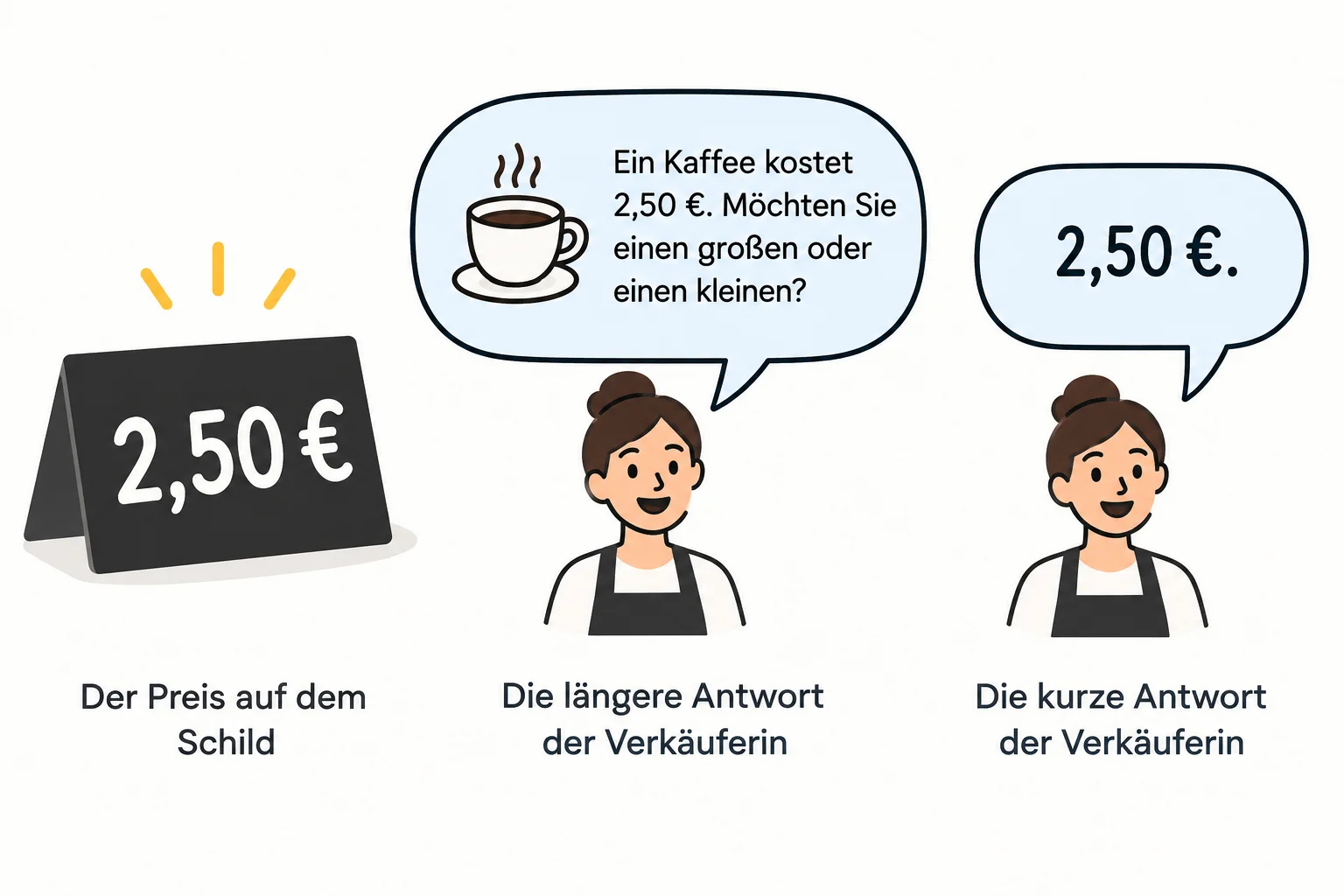 Etiqueta de 2,50 € ao lado de uma resposta completa e uma resposta curta para o preço do café.