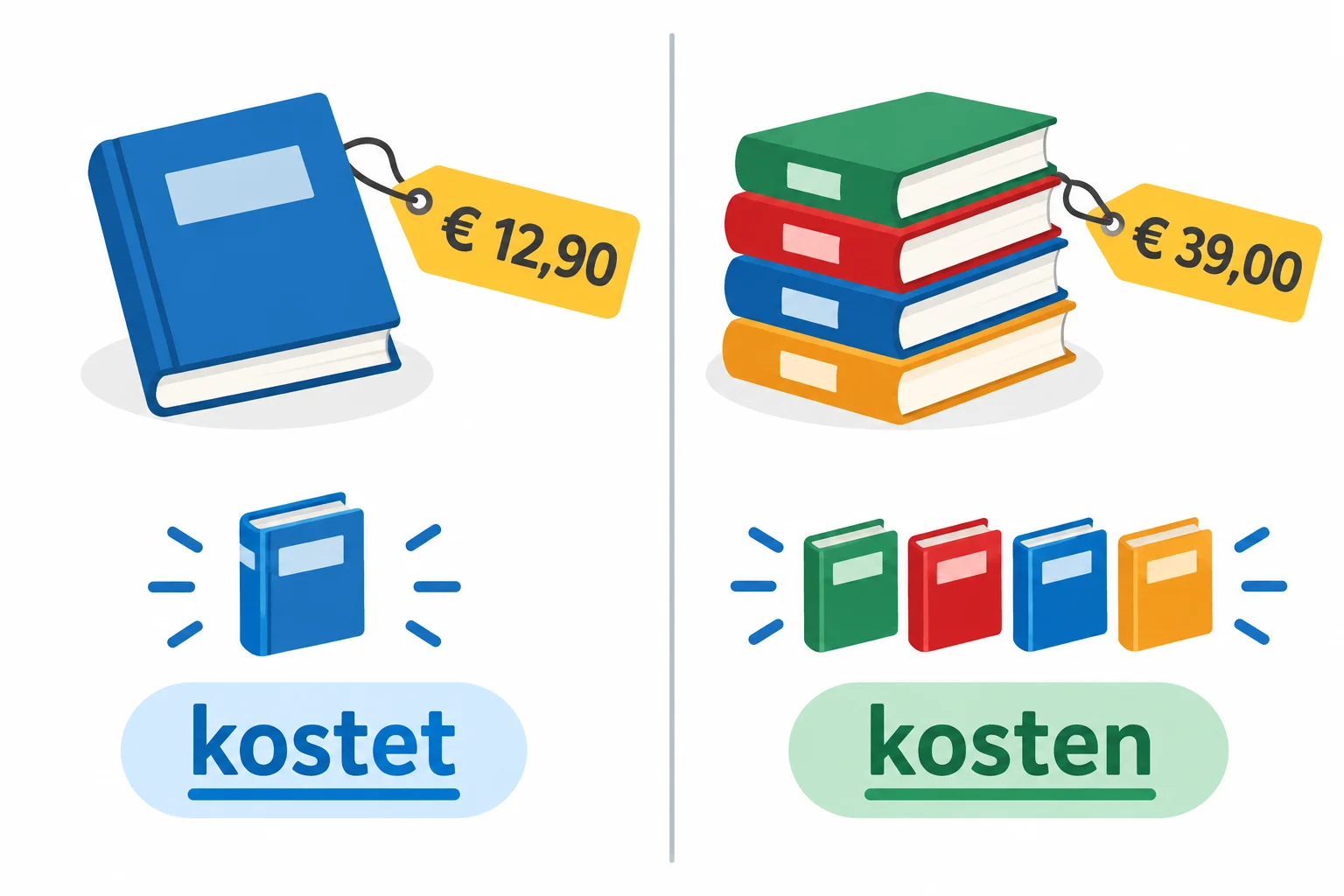 Comparação visual entre um livro, ligado a kostet, e vários livros, ligados a kosten.