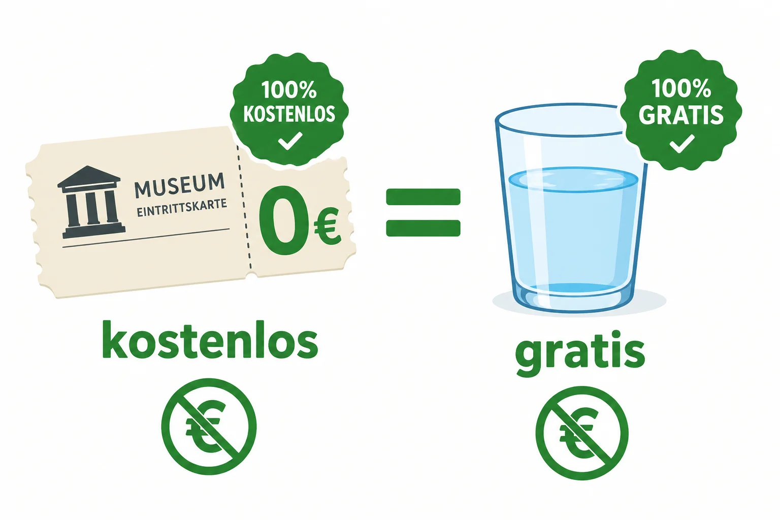 Comparação visual entre uma entrada e um copo de água, ambos associados a zero euro e à ideia de gratuidade.