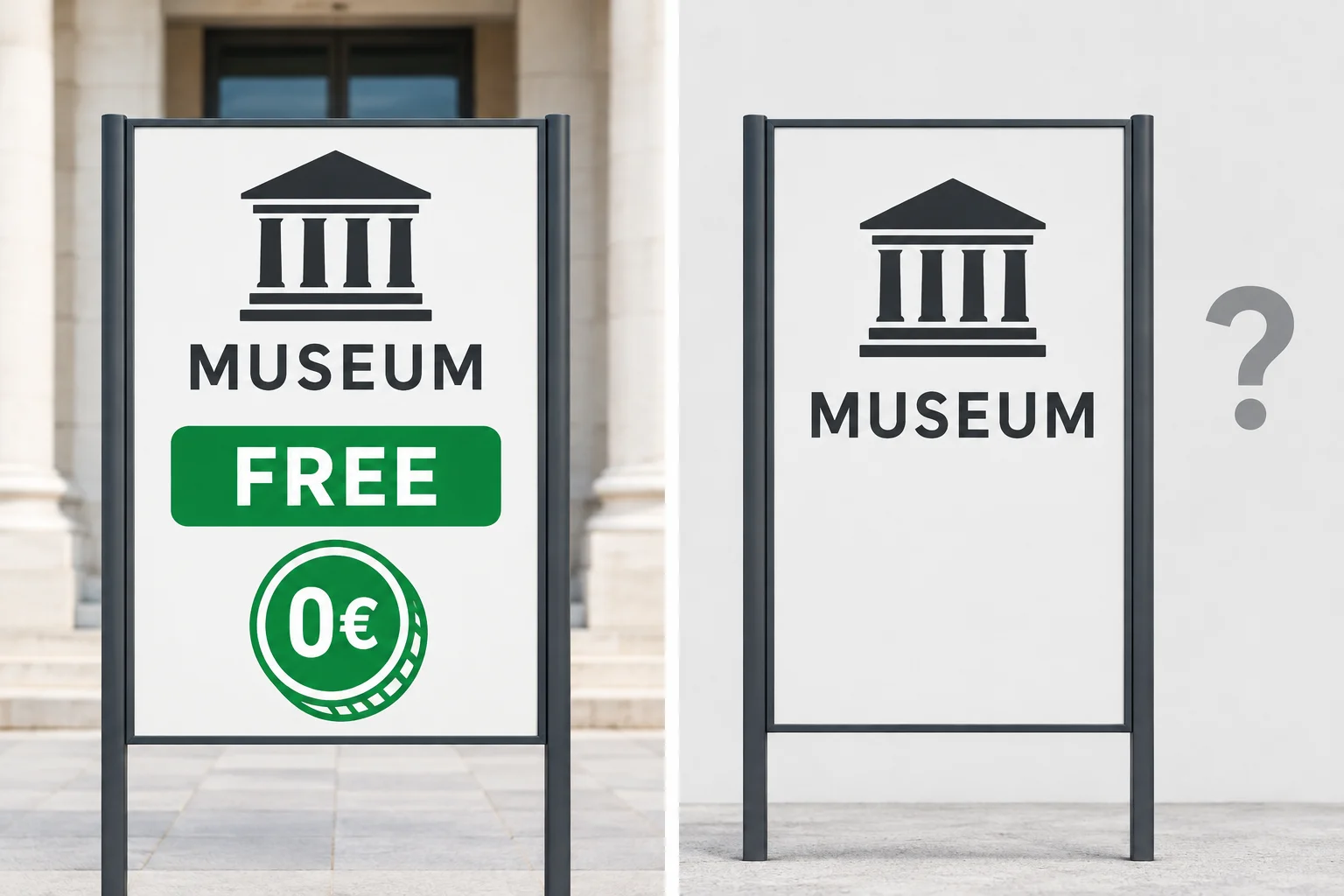 Comparação entre uma indicação explícita de gratuidade e uma placa que só apresenta o nome de um museu, sem preço.