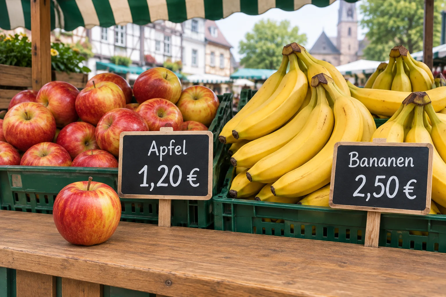 Uma banca de frutas com uma maçã marcada com 1,20 € e bananas marcadas com 2,50 €; a imagem contrasta um item e vários itens.